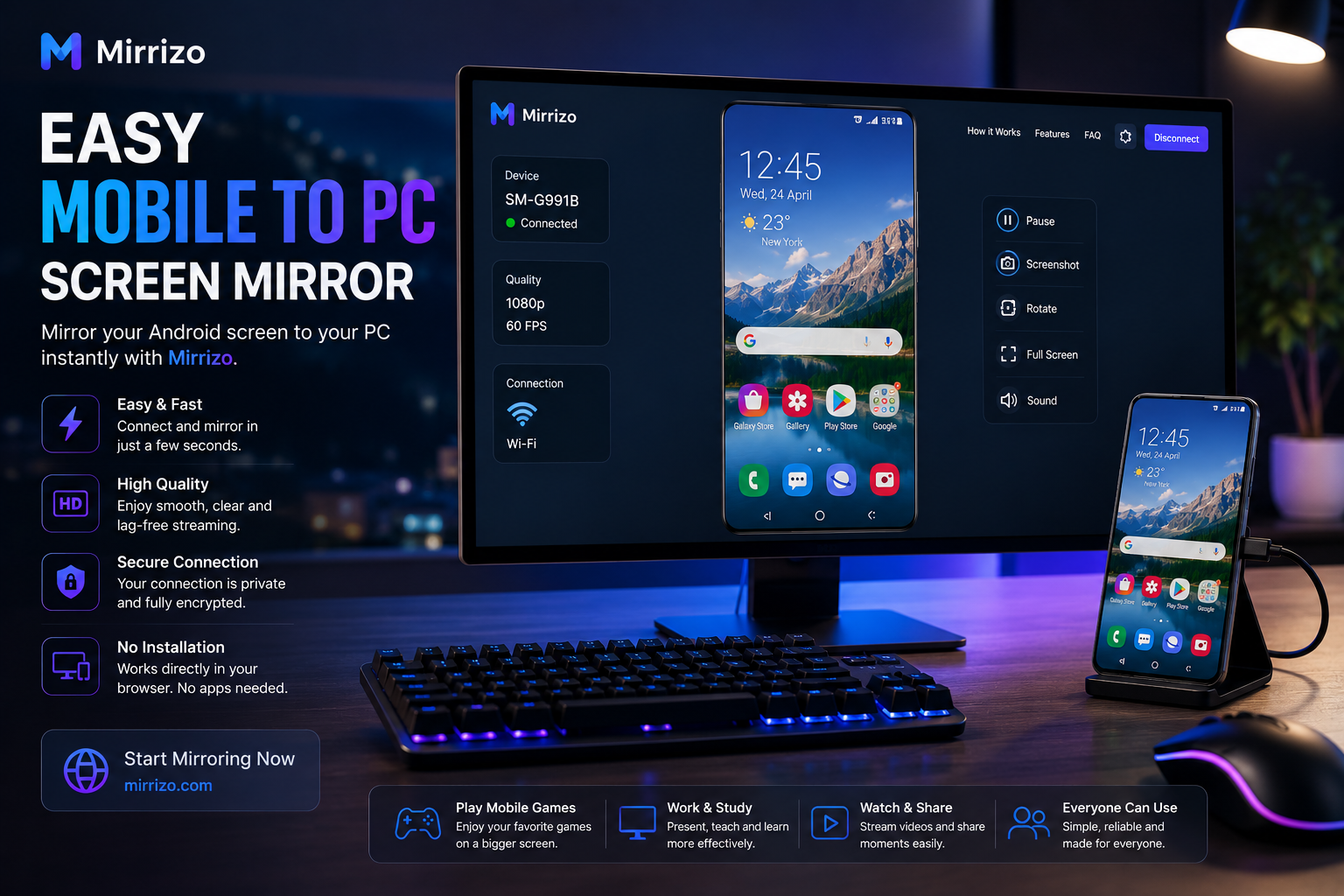 Easy Mobile to PC Screen Mirror by Mirrizo